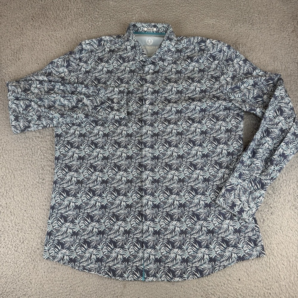 Bugatchi Uomo Mens Button Up Shaped Fit Shirt Blue Brushed print Size Large